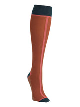 EcoCotton compression stockings, Pierre stripe, cognac brown with coral stripe