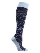 Wool compression stockings, navy blue with blue waves