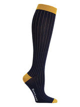 Meryl Skinlife compression stockings, navy blue with curry stripes