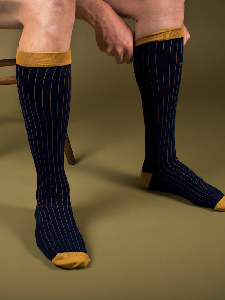 Meryl Skinlife compression stockings, navy blue with curry stripes