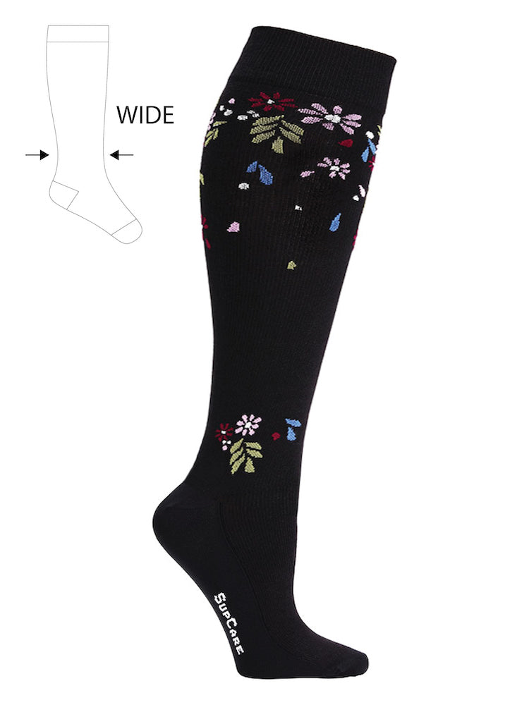 EcoCotton compression stockings, Wide leg, flower shower, black