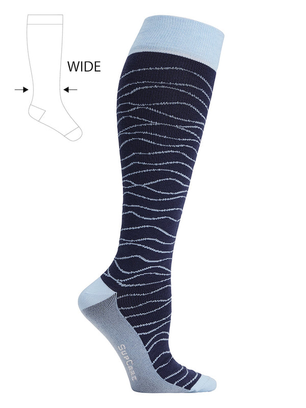 Wool compression stockings, Wide leg, navy blue with blue waves
