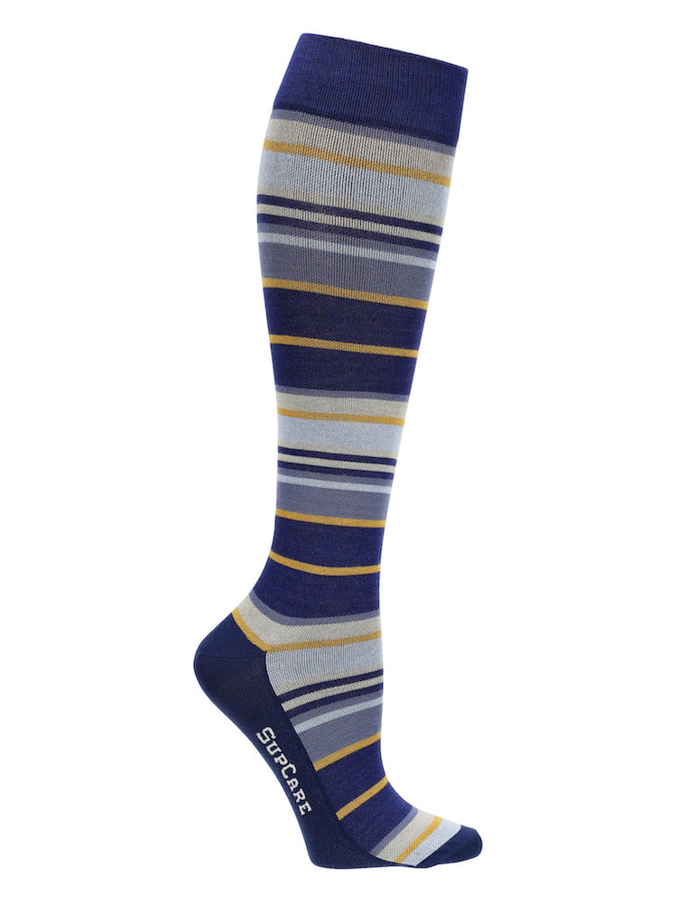 Bamboo compression stockings, blue with blue and curry stripes