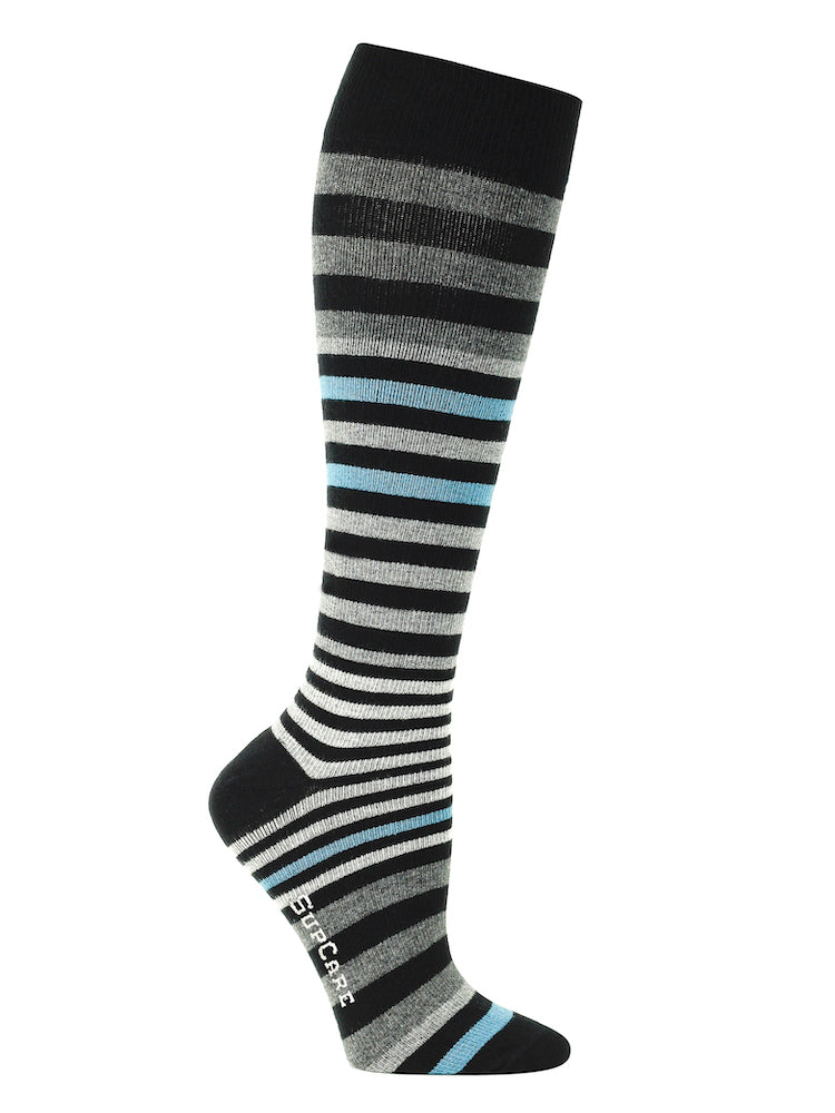 Cotton compression stockings, black with grey and blue stripes