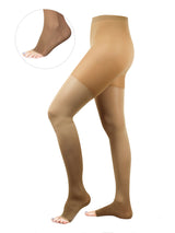 Medical compression tights with open toe, 140 denier, beige
