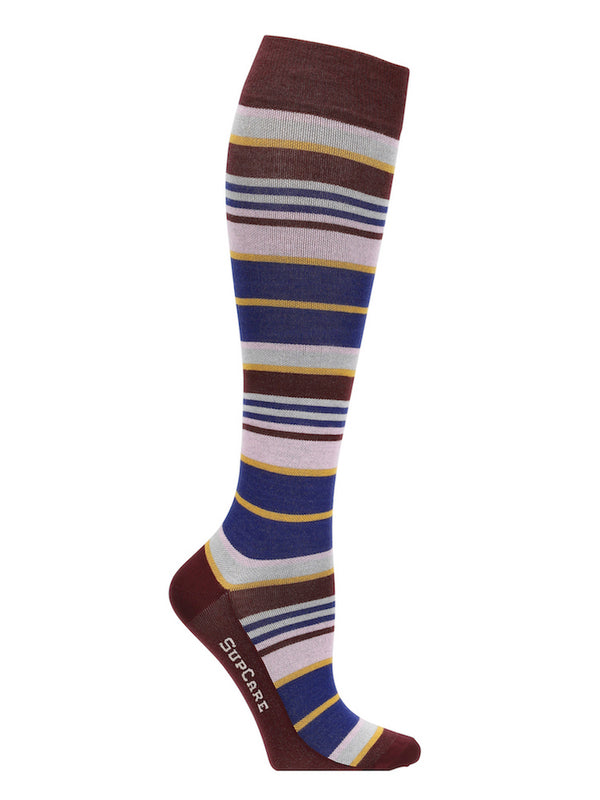Bamboo compression stockings, bordeaux with blue and pink stripes