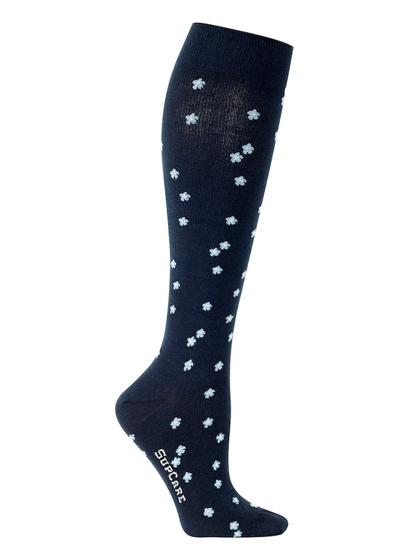 Cotton compression stockings, dark blue with flowers