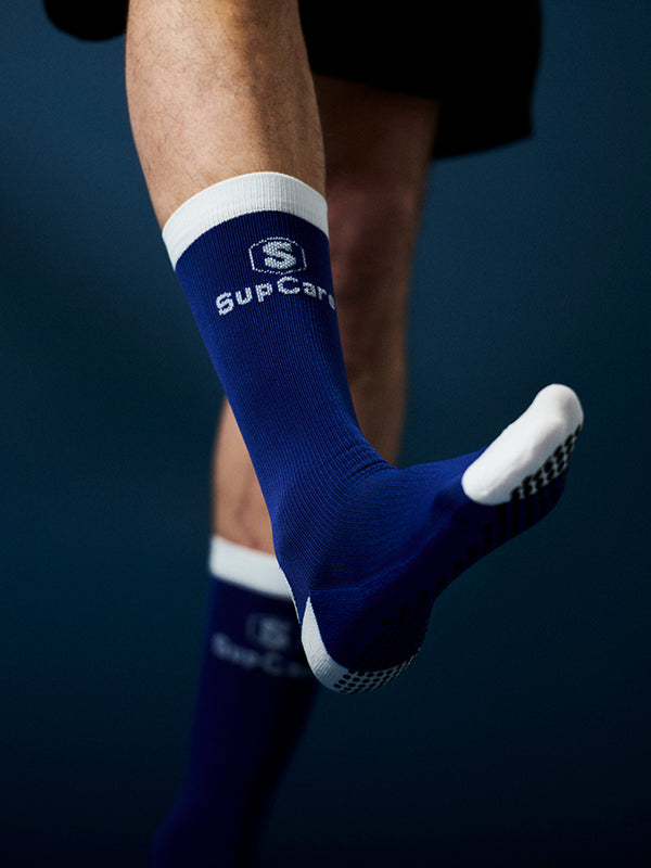 Sports compression crew socks with SoftAir, grip sole, blue