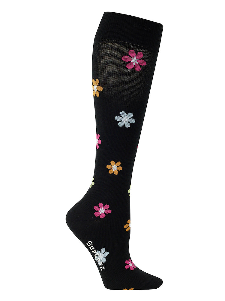 Cotton compression stockings, black with big flowers