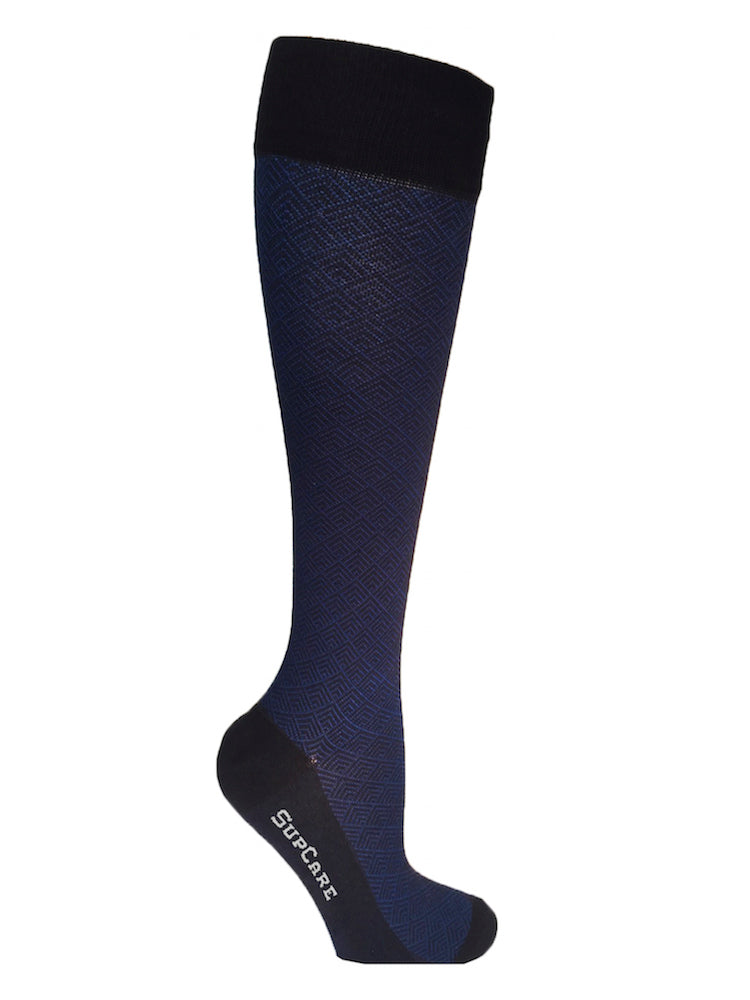 Bamboo compression stockings, black with blue pattern