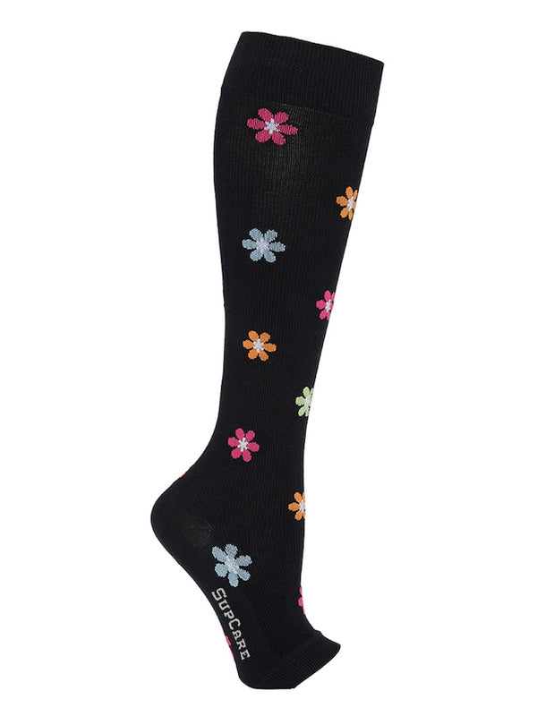 Cotton compression stockings, open toe, black with flowers
