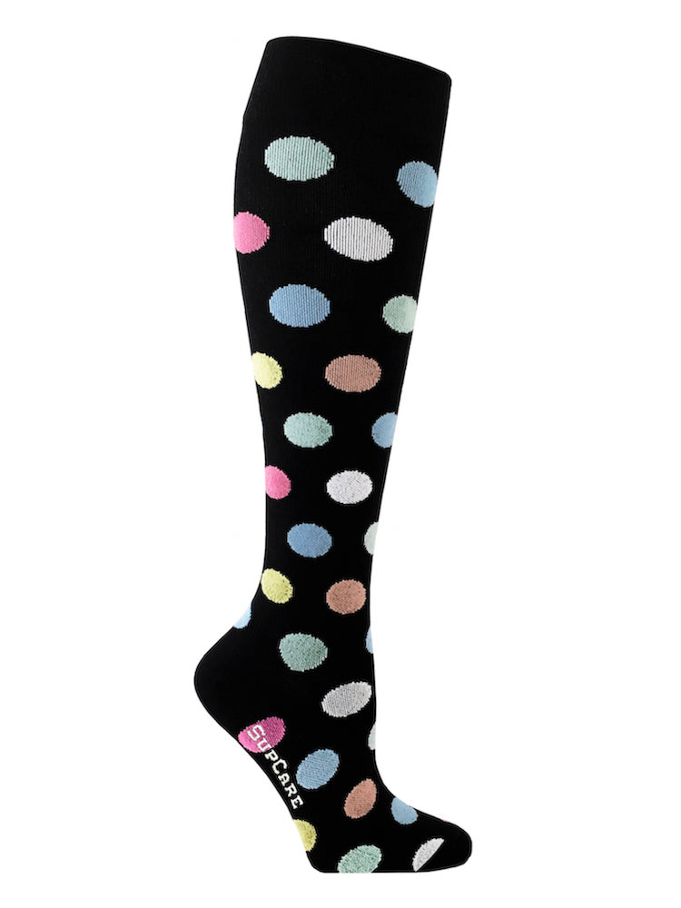 Cotton compression stockings, black with polka dots
