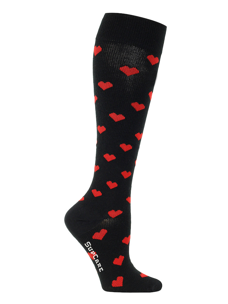 Cotton compression stockings, black with red hearts