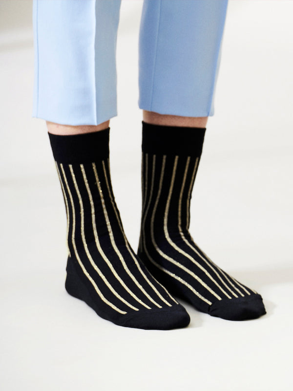 Cotton compression crew socks, black with gold stripes