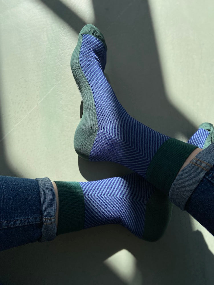 Bamboo compression crew socks, blue and green herringbone