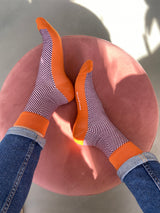 Bamboo compression crew socks, pink and orange herringbone