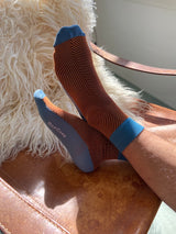 Bamboo compression crew socks, blue and orange herringbone