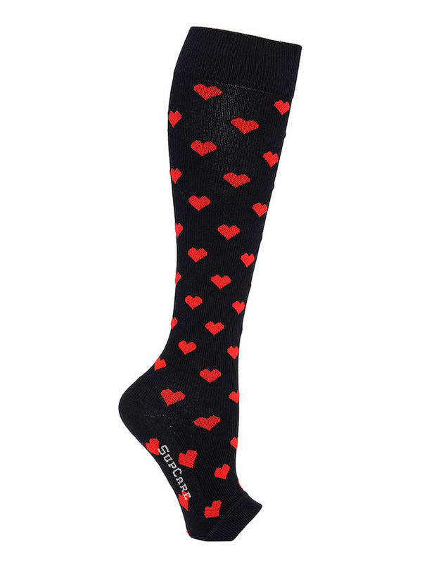 Cotton compression stockings, open toe, black with red hearts