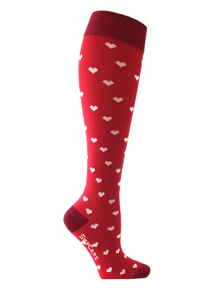 Cotton compression stockings, red with white hearts