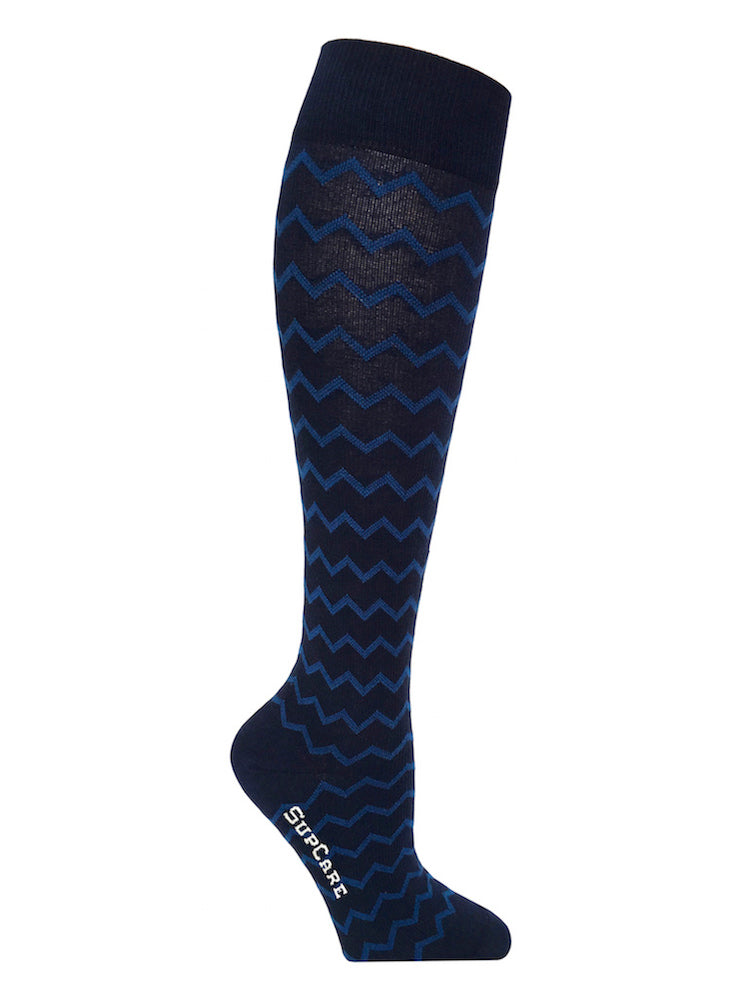 Cotton compression stockings, blue with zig-zag stripes