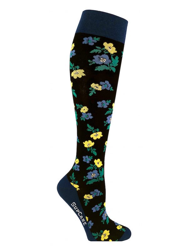 Cotton compression stockings, black with blue and yellow flowers