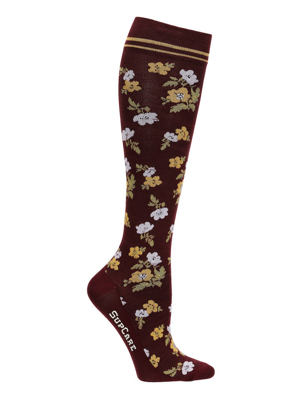 Cotton compression stockings, bordeaux with granny flowers