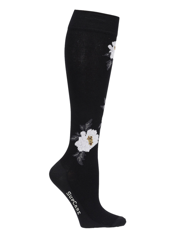 Cotton compression stockings, black with white roses