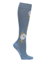 Cotton compression stockings, dusty blue with white roses