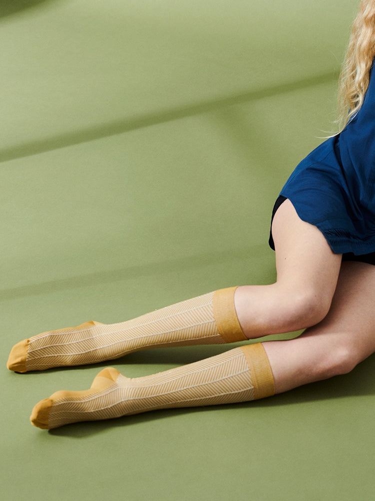 Cotton compression stockings, yellow herringbone with gold glitter