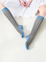 Cotton compression stockings, blue herringbone with gold glitter
