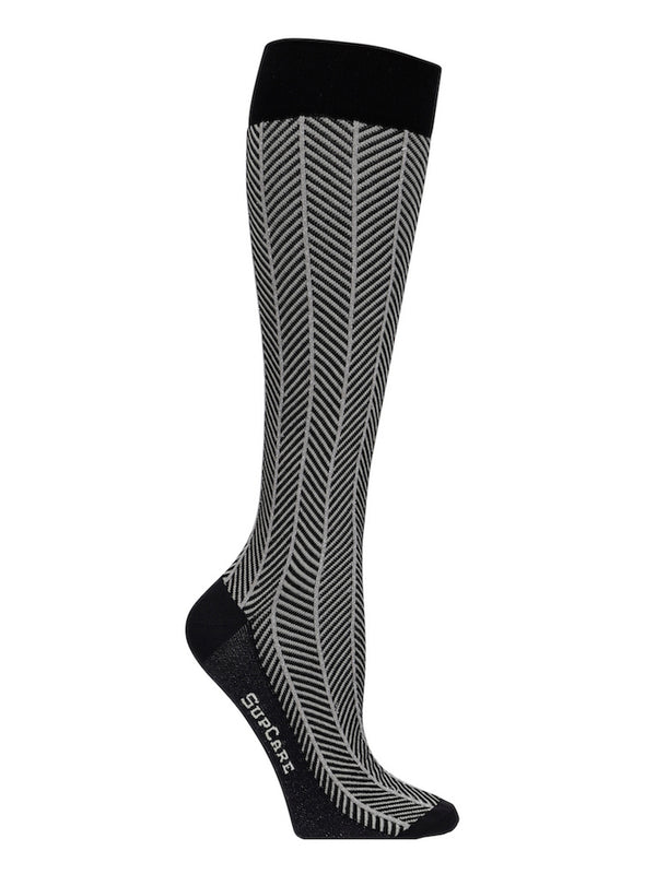 Cotton compression stockings, black herringbone with silver glitter