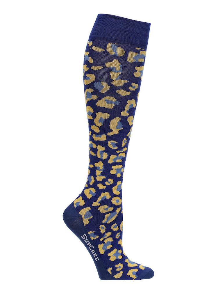 Cotton compression stockings, navy blue leopard