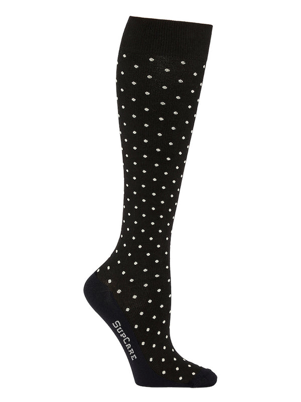 Bamboo compression stockings, wide leg, black with white dots