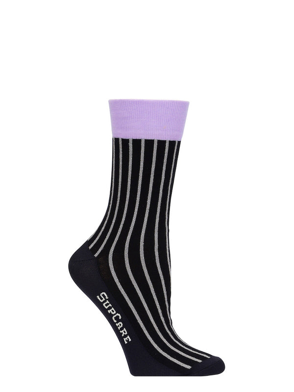 Cotton compression crew socks, black and purple with silver stripes