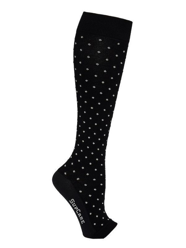 Bamboo compression stockings, wide leg and open toe, black with white dots