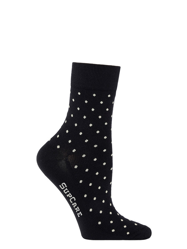 Cotton compression crew socks, black with white dots
