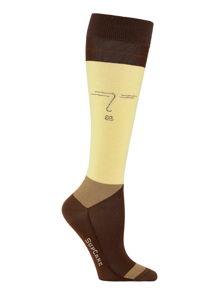 Bamboo compression stockings, brown and yellow with face