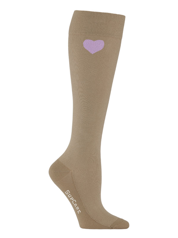 Cotton compression stockings, beige with purple heart