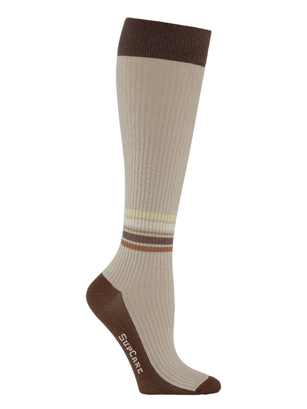 Bamboo compression stockings, brown rib weave with stripes