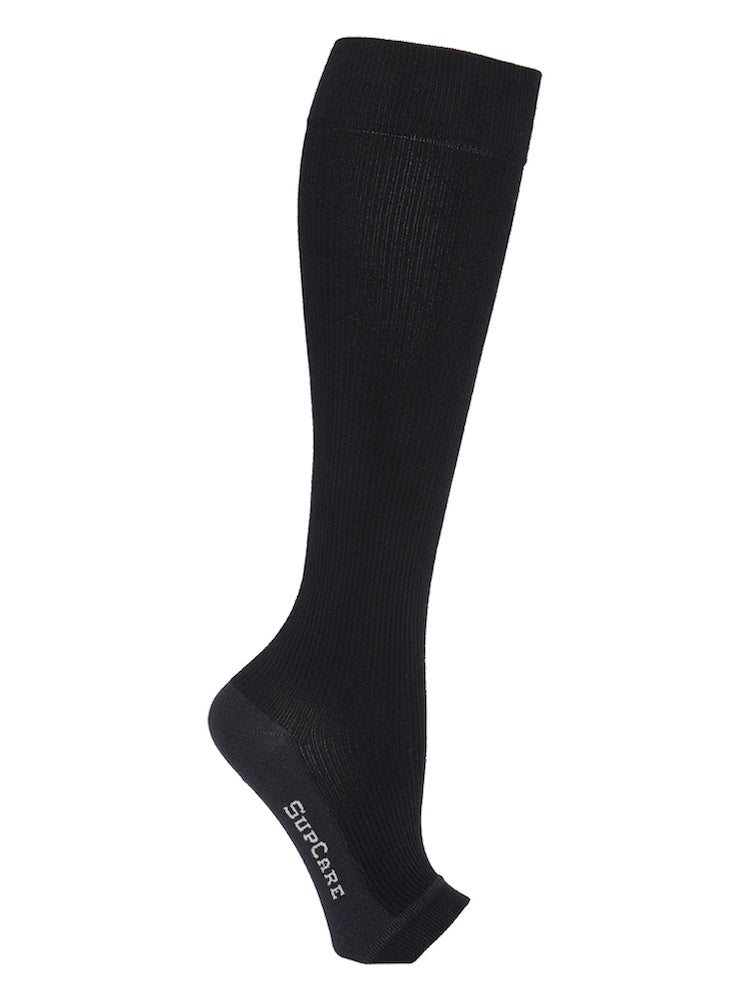 Bamboo compression stockings, wide leg and open toe, black