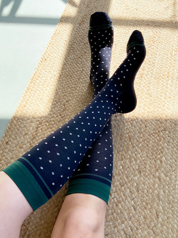 Meryl Skinlife compression stockings, black with white dots