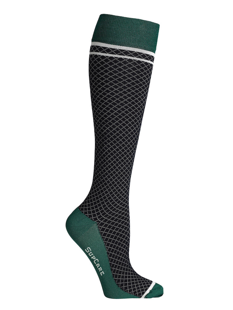 Wool compression stockings, black and green with white grid – SupCare