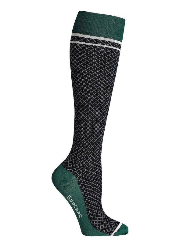 Wool compression stockings, black and green with white grid