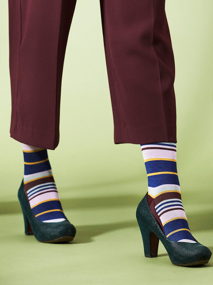 Bamboo compression stockings, bordeaux with blue and pink stripes