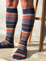Bamboo compression stockings, blue with red and blue stripes