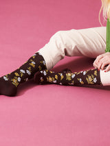 Cotton compression stockings, bordeaux with granny flowers
