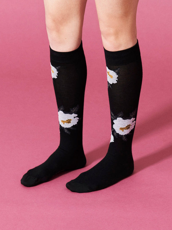 Cotton compression stockings, black with white roses