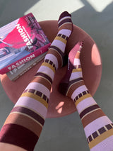 Cotton compression stockings, bordeaux indie stripes with gold glitter