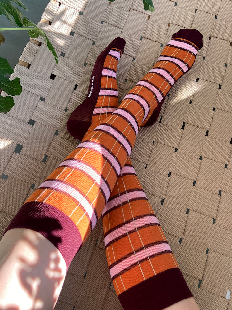 Cotton compression stockings, checkered orange and pink with gold glitter