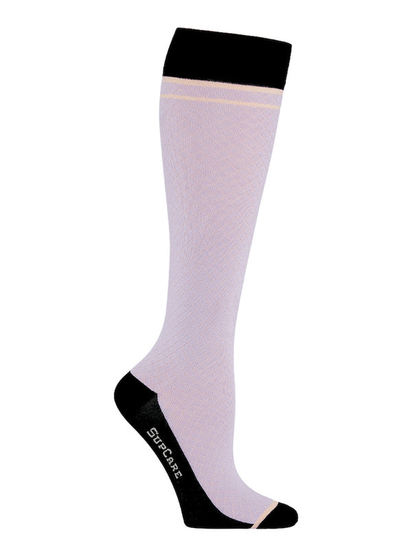 Wool compression stockings, purple and black with white grid